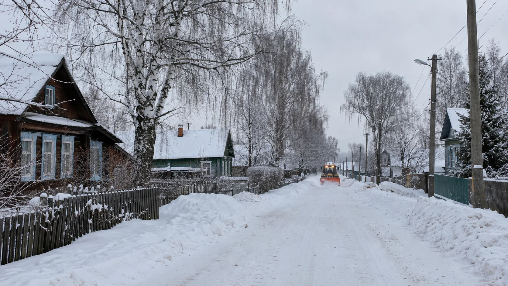 Уборка снега на дороге между загородными домами
