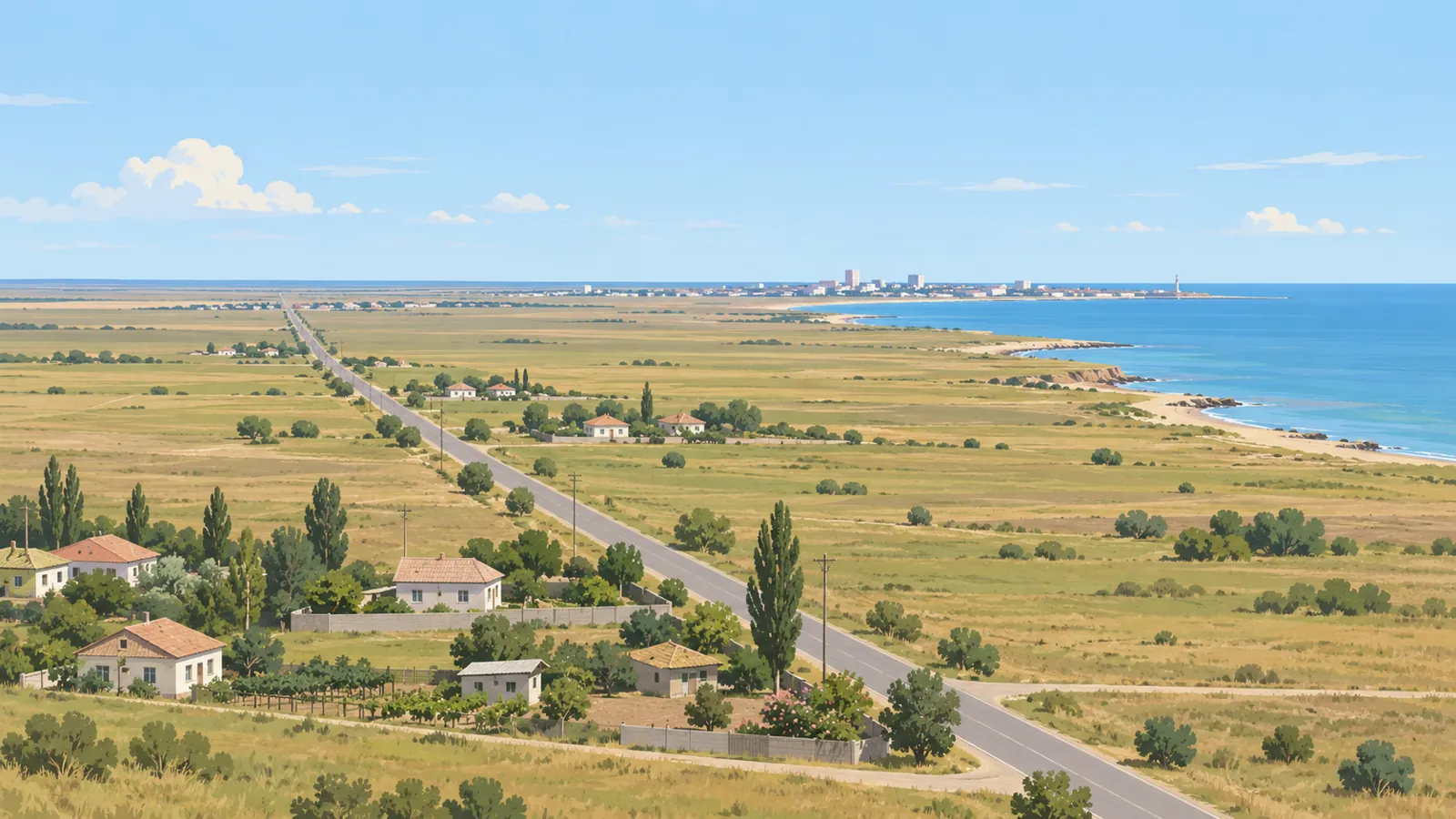 степное побережье Западного Крыма, посёлок у дороги к городу