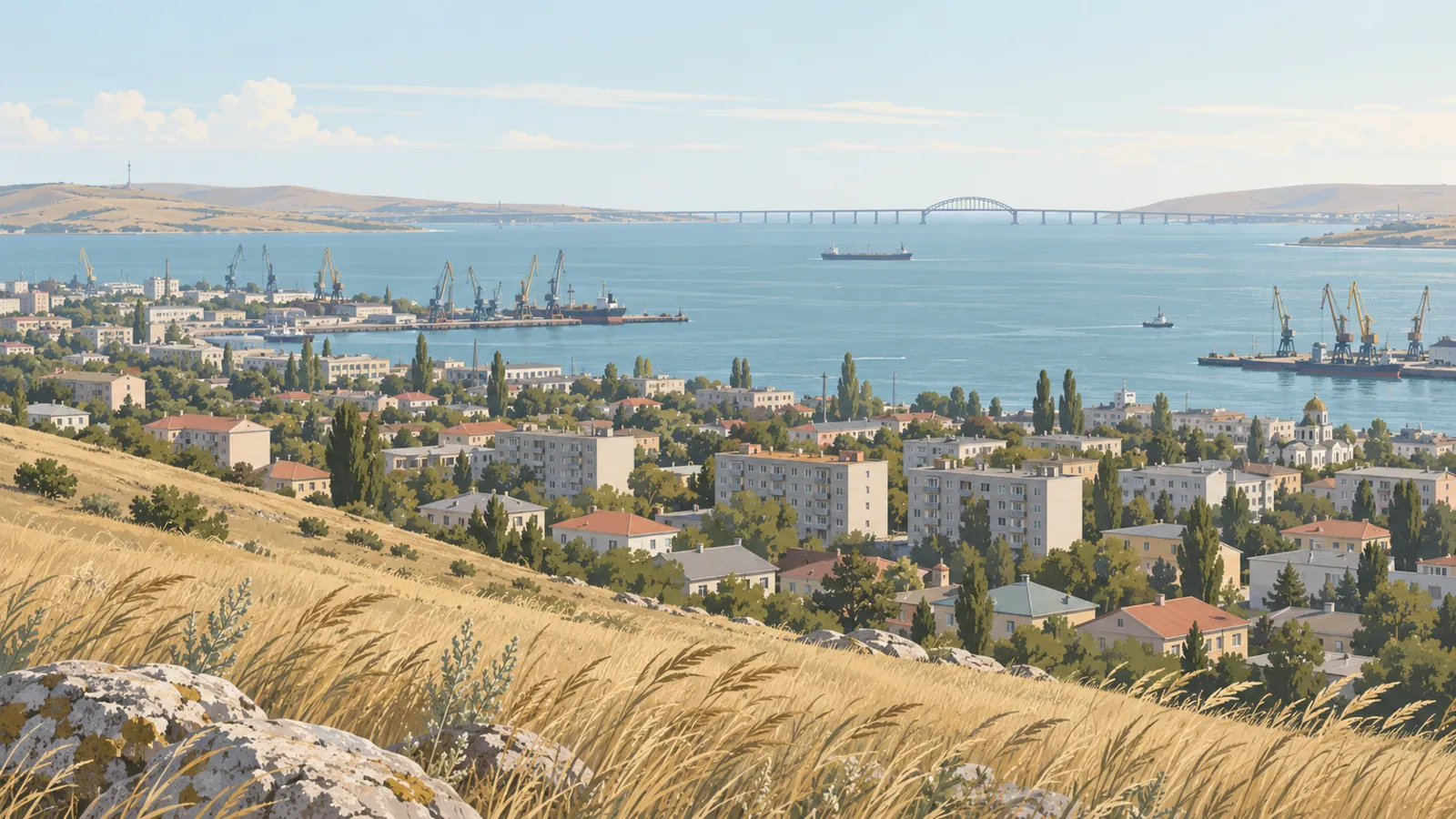 портовый город у широкого пролива, степные холмы, мост на горизонте